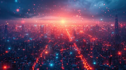 Obraz premium Futuristic Cityscape with Vibrant Lights and a Dusty Sky