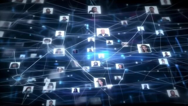 Abstract digital network with interconnected profile pictures represents social connections and online communication.
