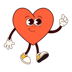 A cartoon heart is walking and pointing to the right. The heart is smiling and has a positive, happy vibe