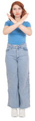 Refusing concept image, full body view young caucasian 20s woman showing stop gesture with crossed...