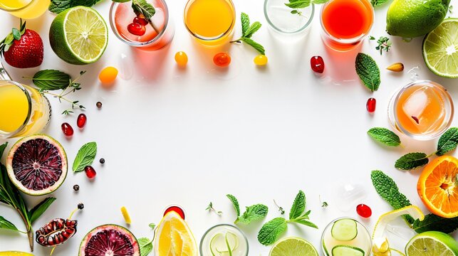 Fresh ingredients for cocktails like lime wedges, mint leaves, and colorful syrups creating a vibrant frame around a white copy space