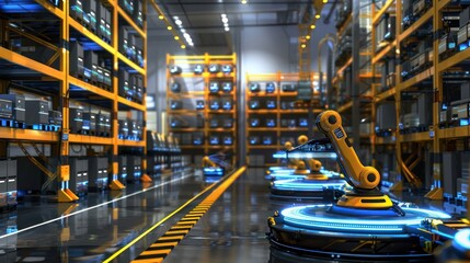 Fototapeta premium Smart warehouse with automated robots and AI systems managing logistics, representing business process digitization.