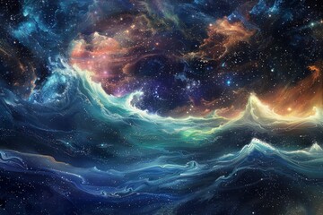 Fototapeta premium A cosmic ocean of swirling colors and shapes, with waves crashing against unseen shores and stars twinkling in the depths below, Generative AI