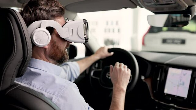 Man interacts with virtual reality headset while sitting inside modern vehicle, showcasing advanced automotive technology. Integration of VR in driving experience highlights innovation in cars.