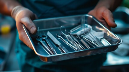 Close-up of a tray containing a scalpel, sutures, and hemostats in a doctor's hand