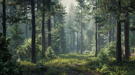 a landscape of a dense and relaxing forest full of tall trees, pines and bushes