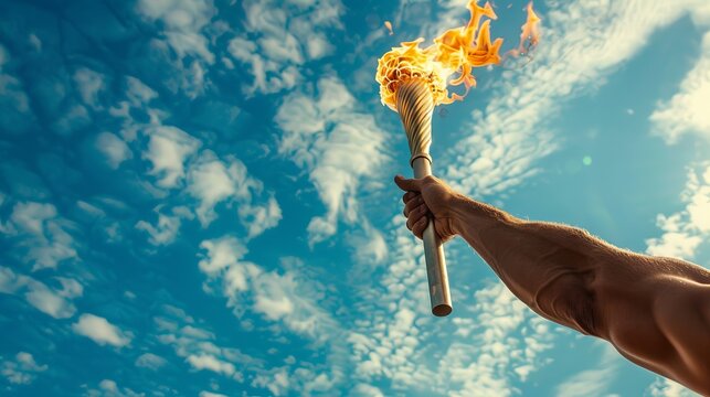 A man's muscular arm holds a torch with the flame, a blue sky background with clouds 