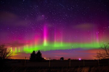 A shimmering aurora borealis dancing across the night sky, painting the heavens with vibrant hues of green, purple, and pink, Generative AI