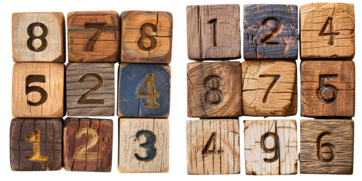 Collection of Wooden Blocks - Numbers Set Isolated on Transparent or White Background, PNG