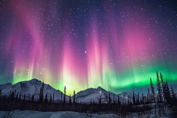 A shimmering aurora borealis dancing across the night sky, painting the heavens with vibrant hues of green, purple, and pink, Generative AI