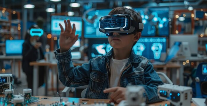 Father and son immersed in virtual reality technology at home