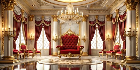 Luxurious throne room with ornate red and gold throne, adorned with lavish drapes, sparkling chandeliers, and intricately patterned marble floors, evoking regal sophistication.