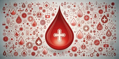 Vibrant blood bag and droplet icons on a white background with subtle texture, surrounded by abstract medical and health-related elements, conveying the importance of blood donation.