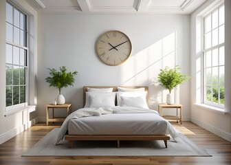 Naklejka premium Serene white bedroom featuring a comfortable bed, a simple clock on the wall, and a large window allowing natural light to filter in peacefully.