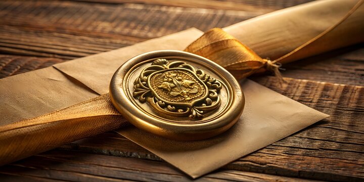 Golden wax seal with ornate crest and ribbon on old-fashioned parchment paper, against a dark wooden background, evoking a sense of luxury and authenticity.