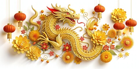 Obraz premium Vibrant gold paper cutout design featuring a majestic dragon amidst blooming flowers and lanterns on a warm color background, celebrating Happy Chinese New Year 2024.