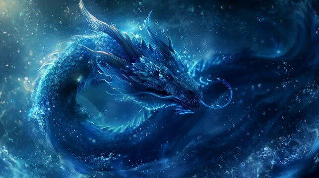 The blue water dragon. Anime or digital painting style, looping 4k video animation background
