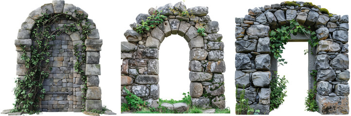 Stone Wall Doorway Isolated on Transparent or White Background, PNG