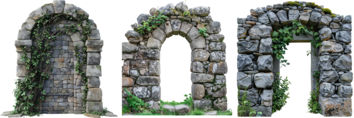 Stone Wall Doorway Isolated on Transparent or White Background, PNG