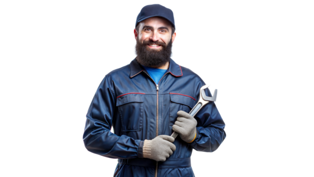 Happy Mechanic Holding Wrench in Work Uniform Smiling