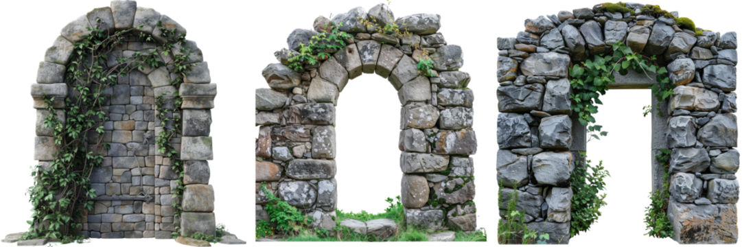 Stone Wall Doorway Isolated on Transparent or White Background, PNG