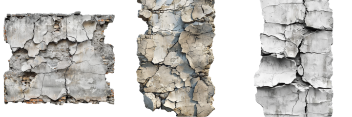 Broken Old Cement Wall Set Isolated on Transparent or White Background, PNG