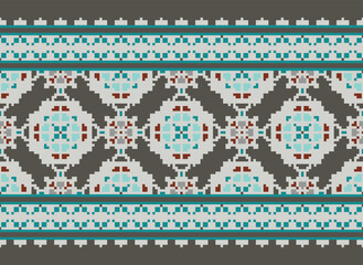 Ikat Embroidery Oriental Pixel Pattern Cream Background. Abstract,vector,illustration. Texture,cross Stitch,scarf,decoration,motifs,wallpaper.