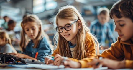 Children collaborating and learning with tablet in classroom
