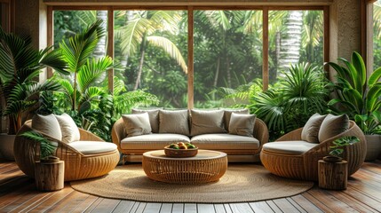 Tropical Living Room with Wicker Furniture