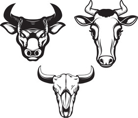 Set of hand drawn bull heads on white background. Design elements for emblem, sign, badge. Vector illustration