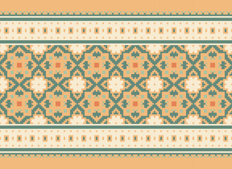 Ikat Embroidery Oriental Pixel Pattern Cream Background. Abstract,vector,illustration. Texture,cross Stitch,scarf,decoration,motifs,wallpaper.
