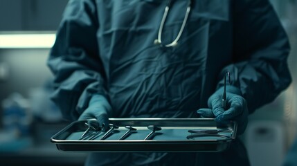 Extreme close-up of a doctor holding a surgical tray filled with necessary instruments for an operation