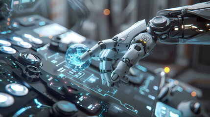 Fototapeta premium White robot arm using digital technology connection. 3D rendering on big data network connection background, Science and artificial intelligence technology.