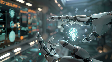 Fototapeta premium White robot arm using digital technology connection. 3D rendering on big data network connection background, Science and artificial intelligence technology.