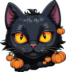 Obraz premium Halloween Set – Scary Black Cat and Haunted Pumpkins Clipart