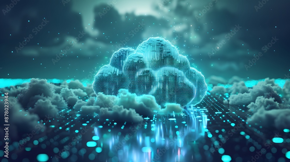 Poster digital cloud with data connections in a futuristic landscape, representing cloud computing and tech