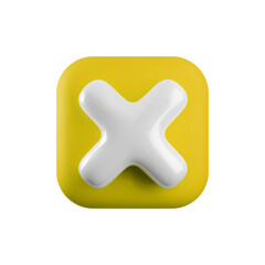 Obraz premium Vector 3d cross x realistic icon. Trendy square plastic wrong yellow check mark, delete sign on white background. No vote button. 3d render not approved symbol, error, failed sign for web design, app.
