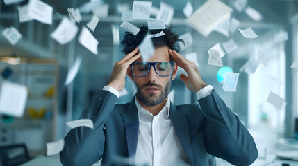 Stressed businessman overwhelmed by paperwork in office, struggling with workload, financial crisis, information overload, or business challenges.
