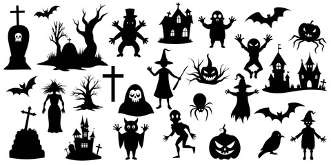 set of black Halloween silhouettes on a white background. dark drawn collection