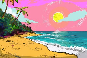 Pink Sunset Over Tropical Beach