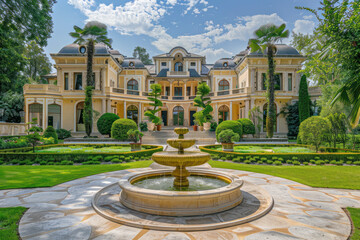 Obraz premium Grand Mansion With a Circular Driveway and a Fountain in the Front Yard