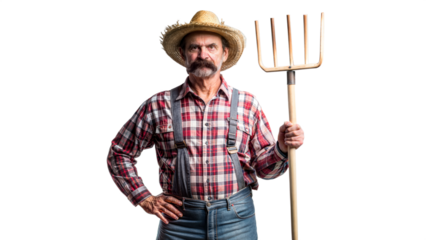 Portrait of Elderly Farmer Holding Pitchfork in Overalls