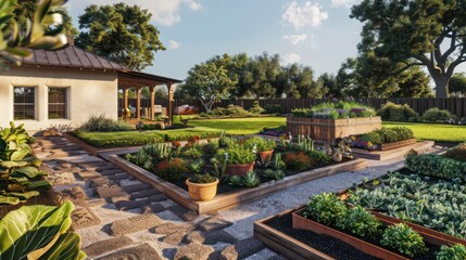 Fototapeta premium ranch house with a backyard that includes a series of themed garden rooms, each designed around a different color or plant type, offering a diverse horticultural experience