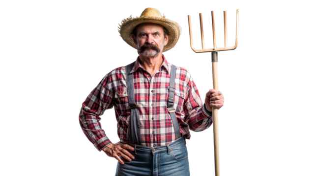 Portrait of Elderly Farmer Holding Pitchfork in Overalls
