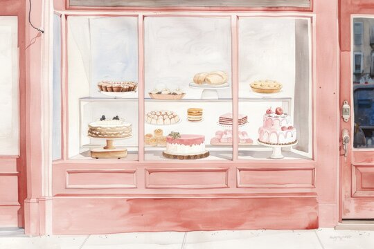 Cute bakery illustration of a display window with cakes, pies, and bread in watercolor style