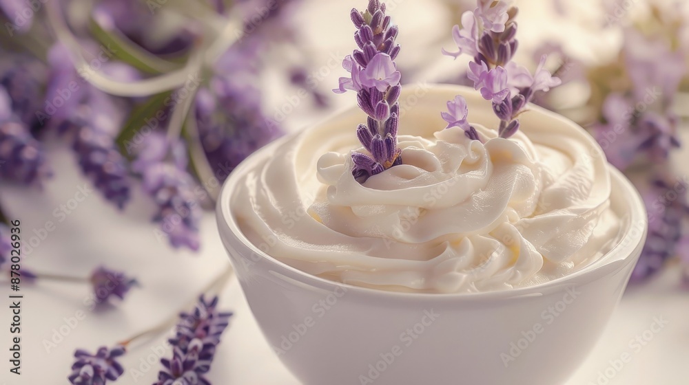 Sticker Cream with lavender flowers on white table