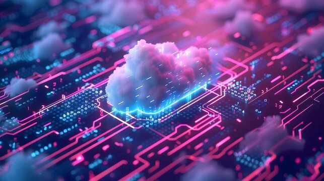 Futuristic digital cloud computing network with neon lights and cyber technology visualization, representing data exchange and virtual storage.