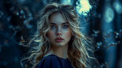 Naklejka premium Beautiful young blonde fashion model posing outdoors with her long hair blowing in the wind