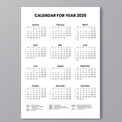 International calendar for year 2025 with several holidays date. Calendar year 2025 design illustration