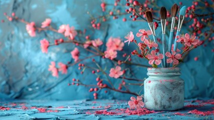 Fototapeta premium Floral still life with blue paint brushes